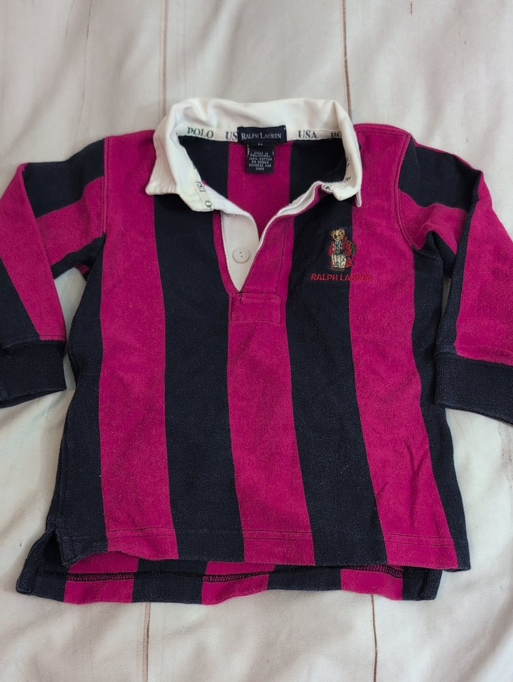 Polo Ralph Lauren Polo Bear Rugby Shirt 2T Pink Navy Stripe USA Preppy